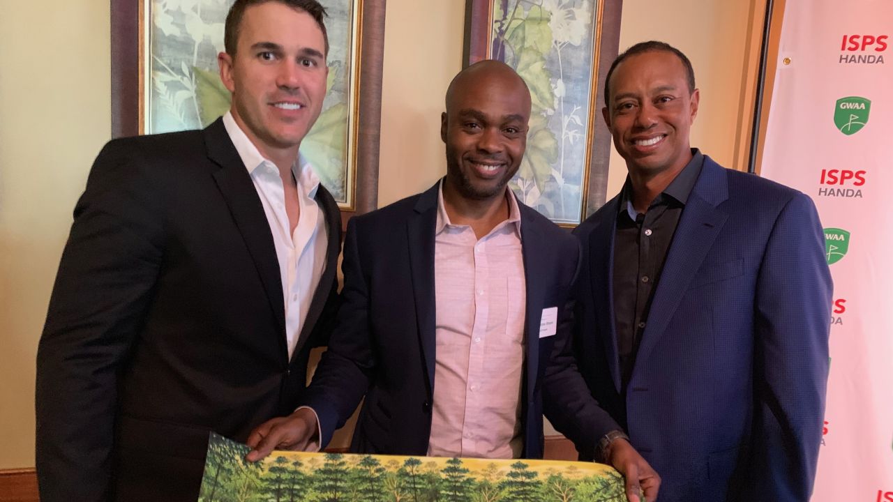 Valentino Dixon met Brooks Koepka (left) and Tiger Woods (right).