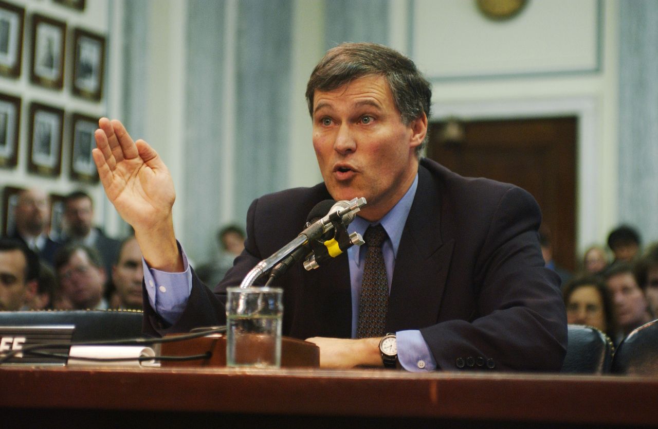 Inslee testifies to the Senate Commerce Committee during a hearing on global warming in 1993. Inslee has focused on climate change for decades, and he compares tackling the issue to President John F. Kennedy's focus on going to the moon.