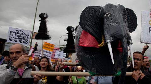 People carry an elephant figure during a demonstration against the Spanish Monarchy on September 28, 2013 in Madrid, Spain.