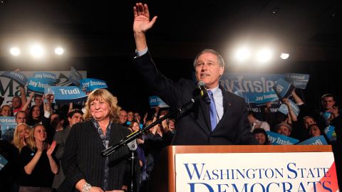 Inslee is joined by his wife, Trudi, during an election-night party in 2012. He defeated Republican Rob McKenna with 51.54% of the vote.
