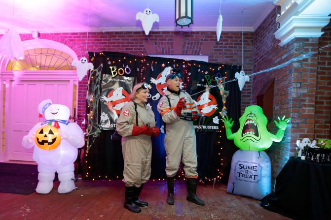 Inslee and his wife -- dressed in costumes from the "Ghostbusters" movies -- spray silly string as they greet trick-or-treaters at the governor's mansion in October 2016.
