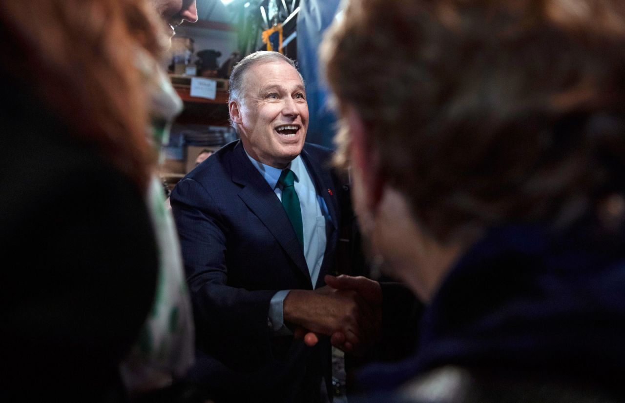 Inslee greets supporters in Seattle after announcing that he would be running for president.