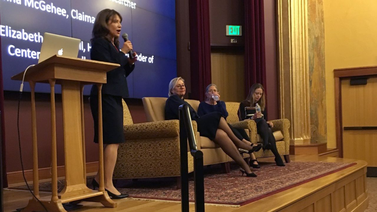 University of Denver associate professor Elizabeth Campbell, left, leads a screening of "Under the Hammer of the Nazis" with Katrin Stoll, Nina McGehee and Meike Hopp.