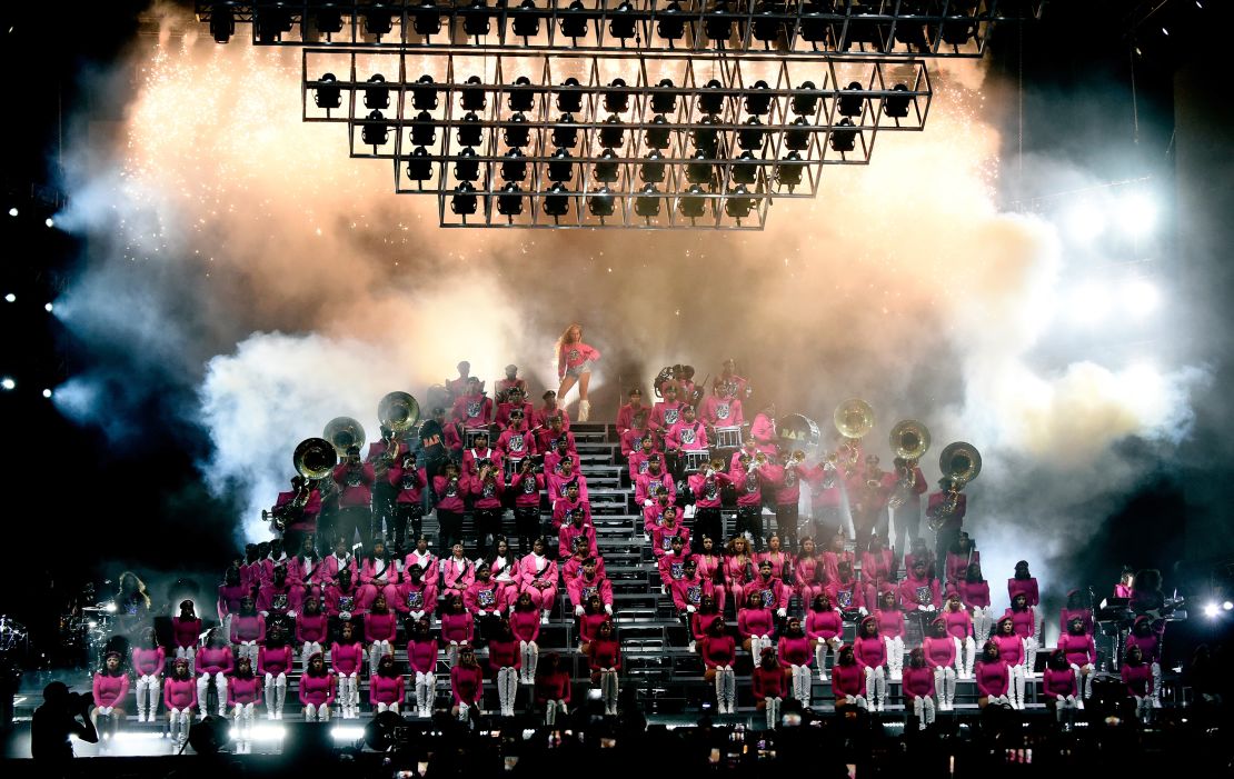 Beyoncé performs onstage in  2018 at Coachella.