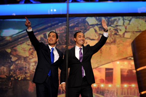 Castro, left, and his brother wave from the stage of the Democratic National Convention. Julian became the first Hispanic ever to deliver the convention's keynote address.