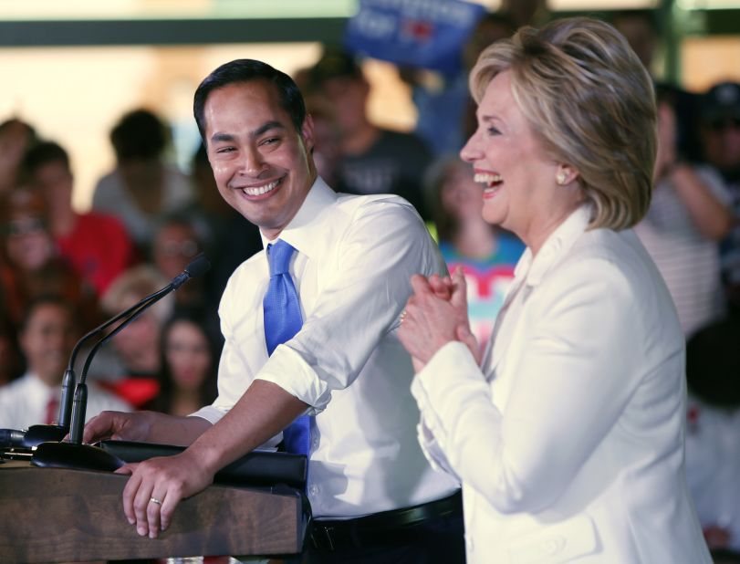 Castro introduces Democratic presidential candidate Hillary Clinton at a "Latinos for Hillary" event in San Antonio in 2015.