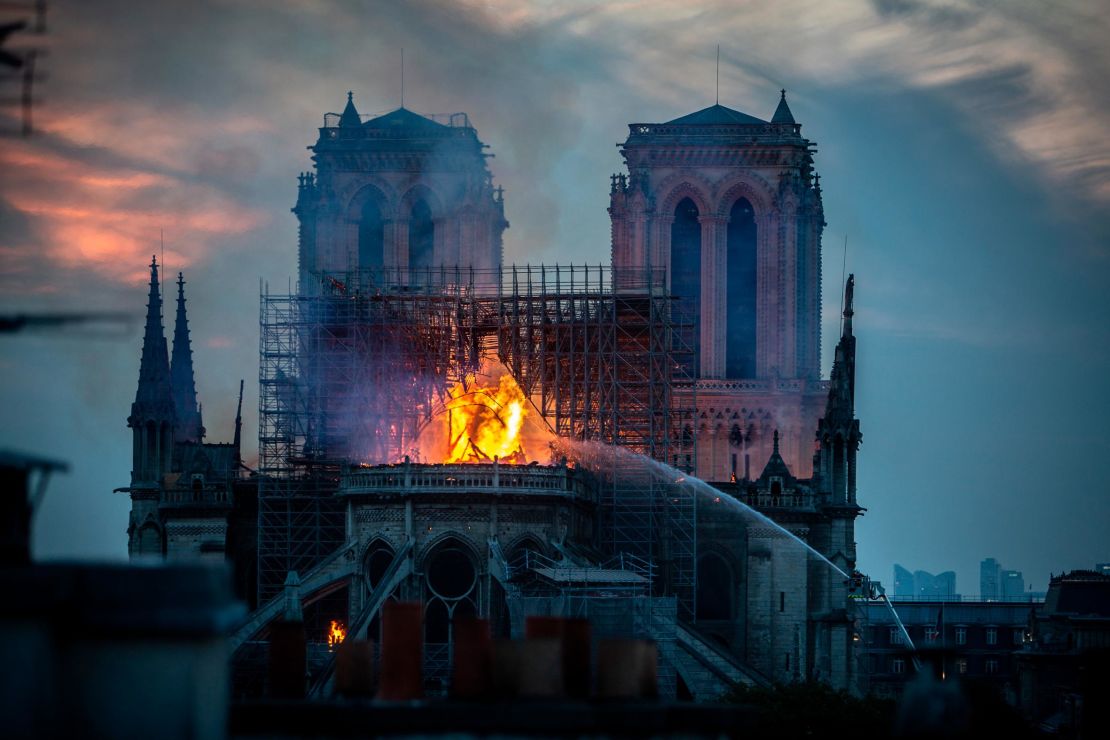 Smoke and flames rise from Notre Dame Cathedral on April 15, 2019.