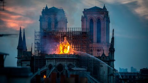 Smoke and flames rise from Notre Dame Cathedral on April 15, 2019.