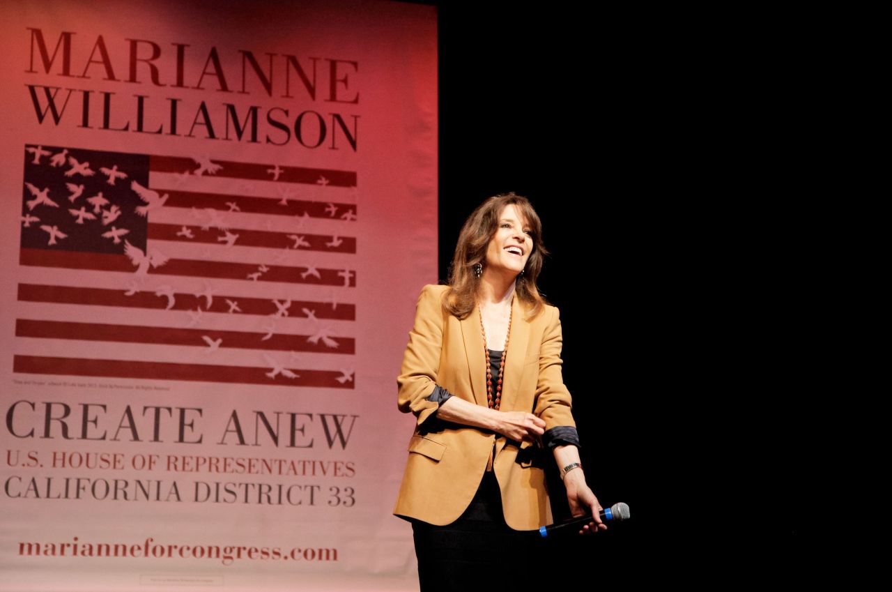 Williamson speaks at her election-day rally in Santa Monica, California, in June 2014.
