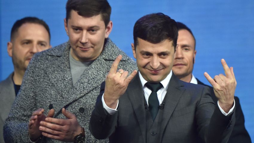 Presidential candidate Volodymyr Zelensky reacts during a presidential election debate with the Ukrainian President, at Olimpiyski stadium in Kiev on April 19, 2019. - A comedian tipped to take over Ukraine's presidency and his incumbent rival went head-to-head in a bitter stadium debate on April 19, as campaigning reached its grand finale before a weekend vote. Polls show a 41-year-old standup comic with no political experience, handily defeating the Ukrainian president in a second-round of voting on April 21. (Photo by Sergei SUPINSKY / AFP)        (Photo credit should read SERGEI SUPINSKY/AFP/Getty Images)