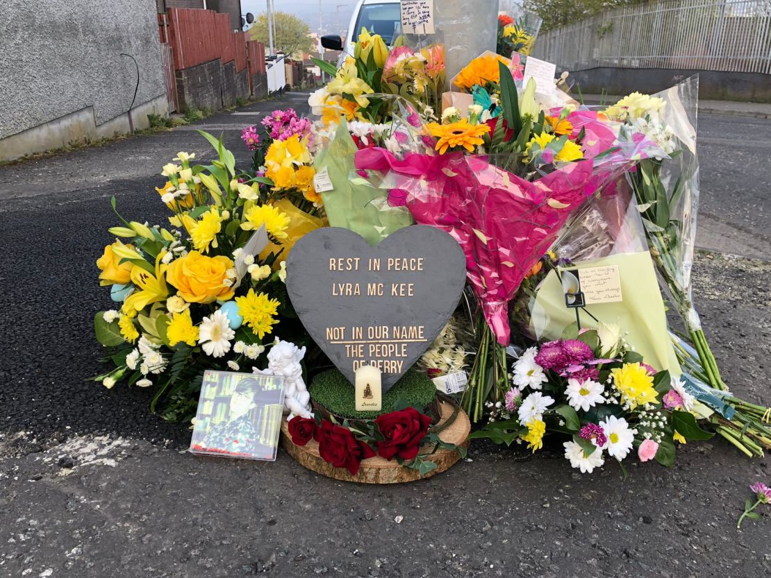 Flowers and tributes are left near the spot where Lyra McKee was shot on Thursday night.