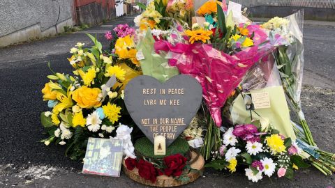 Flowers and tributes are left near the spot where Lyra McKee was shot on Thursday night.