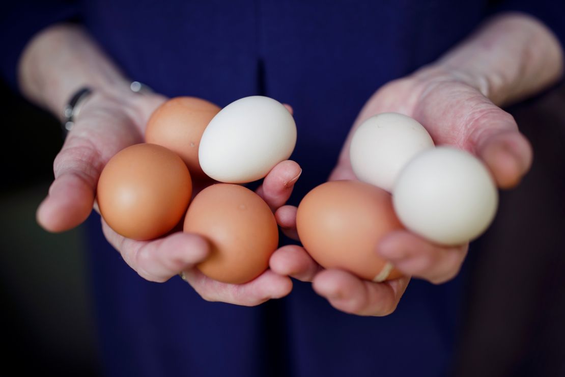 Taylor holds eggs she collected from her chickens. She calls the animals on her farm members of her congregation.