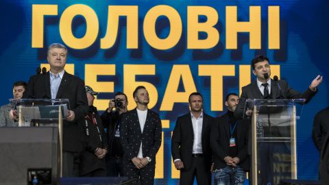 Ukrainian President Petro Poroshenko, left, holds a debate with his electoral opponent Volodymyr Zelenskiy, right, at Olympiskiy Stadium on Friday in Kiev, Ukraine.