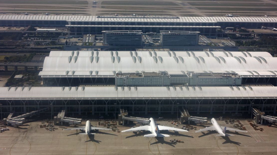 An aerial shot of Terminal 2 at Shanghai Pudong International Airport.   
