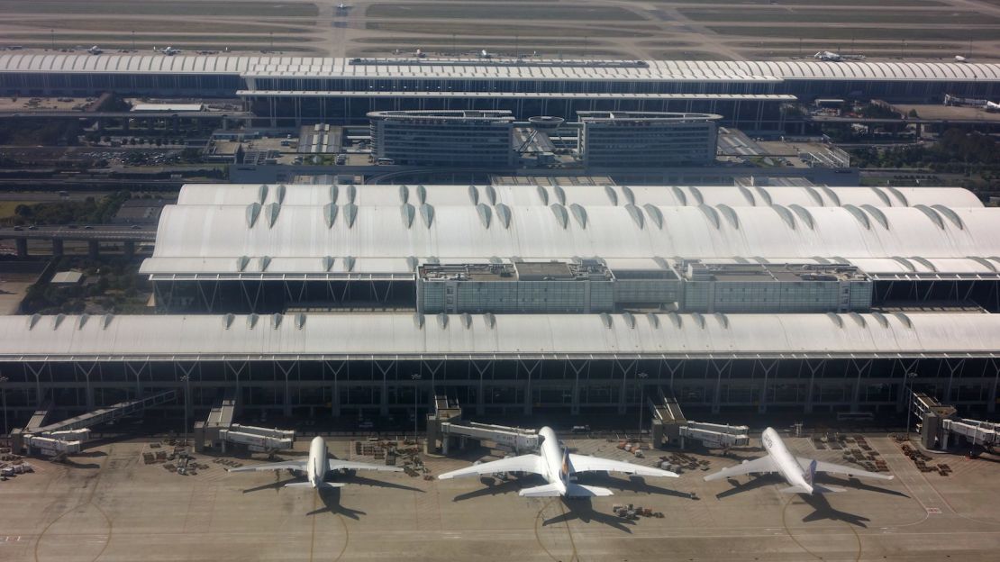 An aerial shot of Terminal 2 at Shanghai Pudong International Airport.