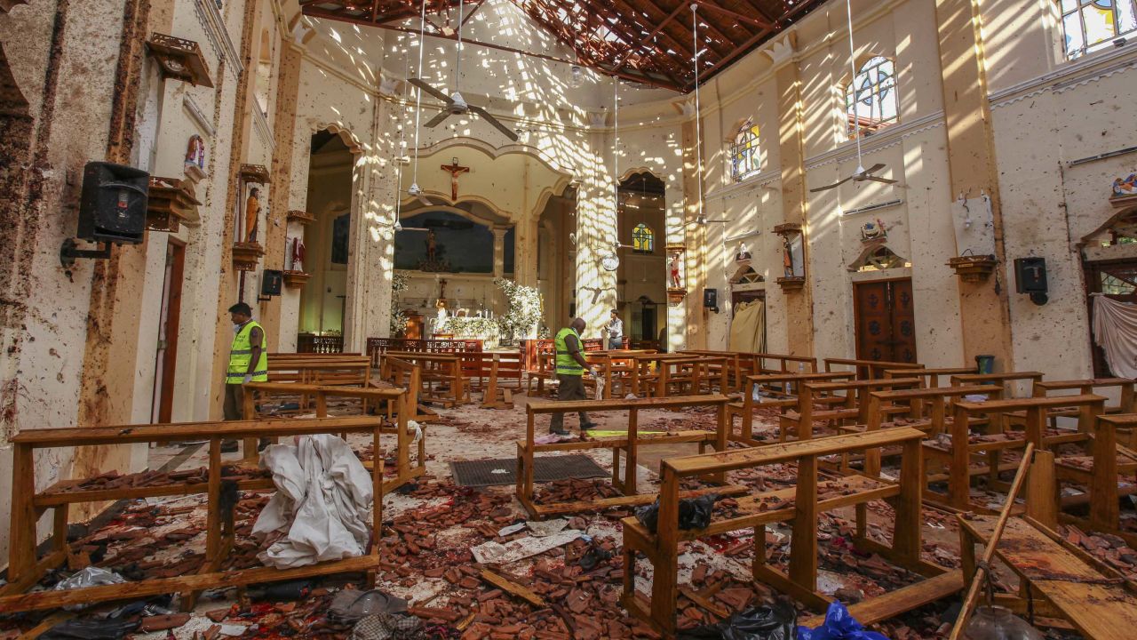 The interior of St. Sebastian's Church in Negombo, north of Colombo, shows damage from a bomb blast.