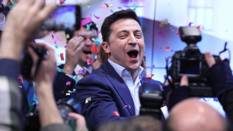 Ukrainian comedian and actor Volodymyr Zelensky celebrated a landslide victory in the country's presidential election on Sunday.
