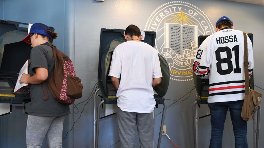 Students vote at a polling station on the campus of the University of California Irvine, on November 6, 2018 in Irvine, California on election day. - Americans vote Tuesday in critical midterm elections that mark the first major voter test of Donald Trump's presidency, with control of Congress at stake. (Photo by Robyn Beck / AFP)        (Photo credit should read ROBYN BECK/AFP/Getty Images)