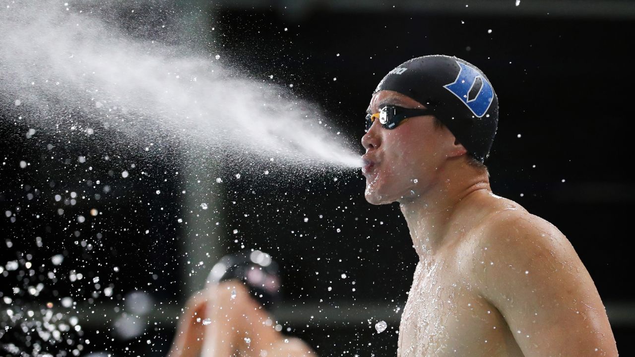 Yusake Legard blows water as he prepares for the Men's 50m Freestyle heats during Day Five of the British Swimming Championships on Saturday, April 20, in Glasgow.