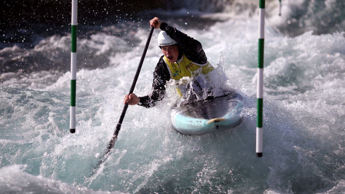 Emily Davies races down the rapids during the Women's Canoe Single competition during the GB Senior and Olympic Selection Races in London on Saturday, April 20.