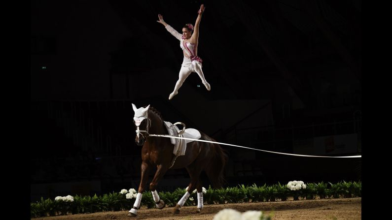 Marina Mohar of Switzerland competes in the FEI Vaulting World Cup final in Saumur, France on Thursday, April 18.