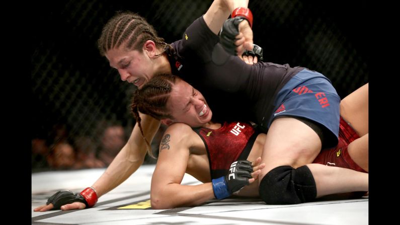 Roxanne Modafferi, right, attempts to punch Antonina Shevchenko during their Women's Flyweight bout as part of UFC Fight Night 149 at Yubileyny Sports Palace in St. Petersburg, Russia on Saturday, April 20.