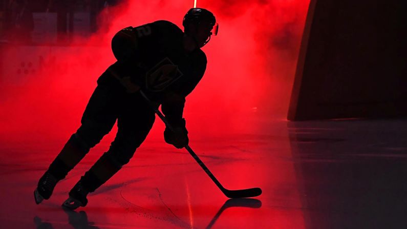 A Las Vegas Golden Knights player takes the ice before Game 4 of a first-round Stanley Cup Playoffs matchup against the San Jose Sharks at T-Mobile Arena in Las Vegas, on Tuesday, April 16.