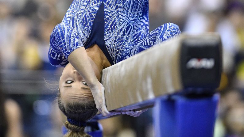 UCLA gymnast Madison Kocian competes on the balance beam during the NCAA Gymnastics Championships in Fort Worth, Texas on Friday, April 19.