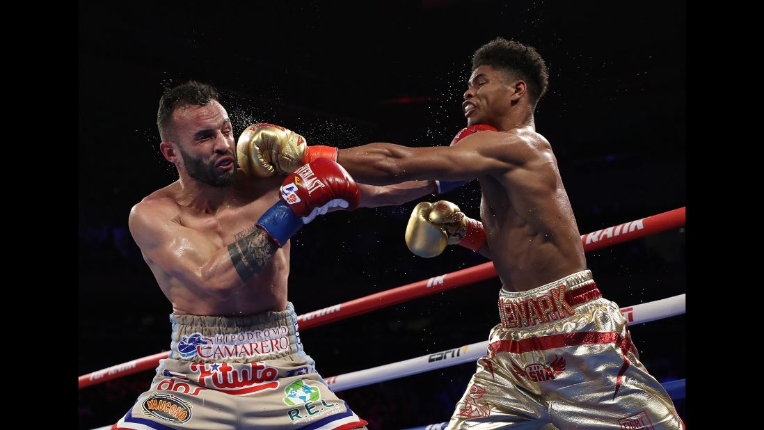 Shakur Stevenson, right, trades punches with Christopher Diaz during their featherweight bout at Madison Square Garden on Saturday, April 20. Stevenson won a 10-round decision.