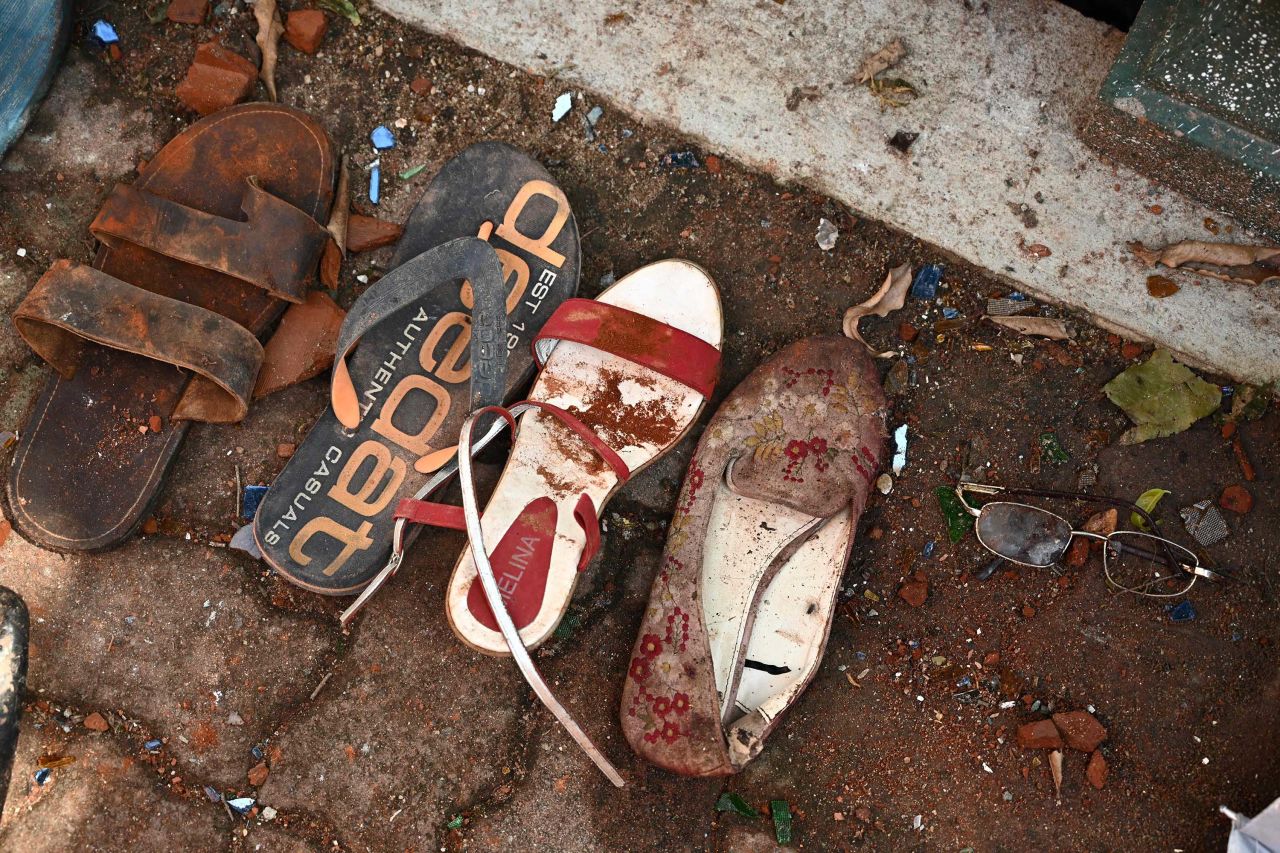 Shoes and belongings of victims are collected as evidence at St. Sebastian's Church in Negombo on April 22.