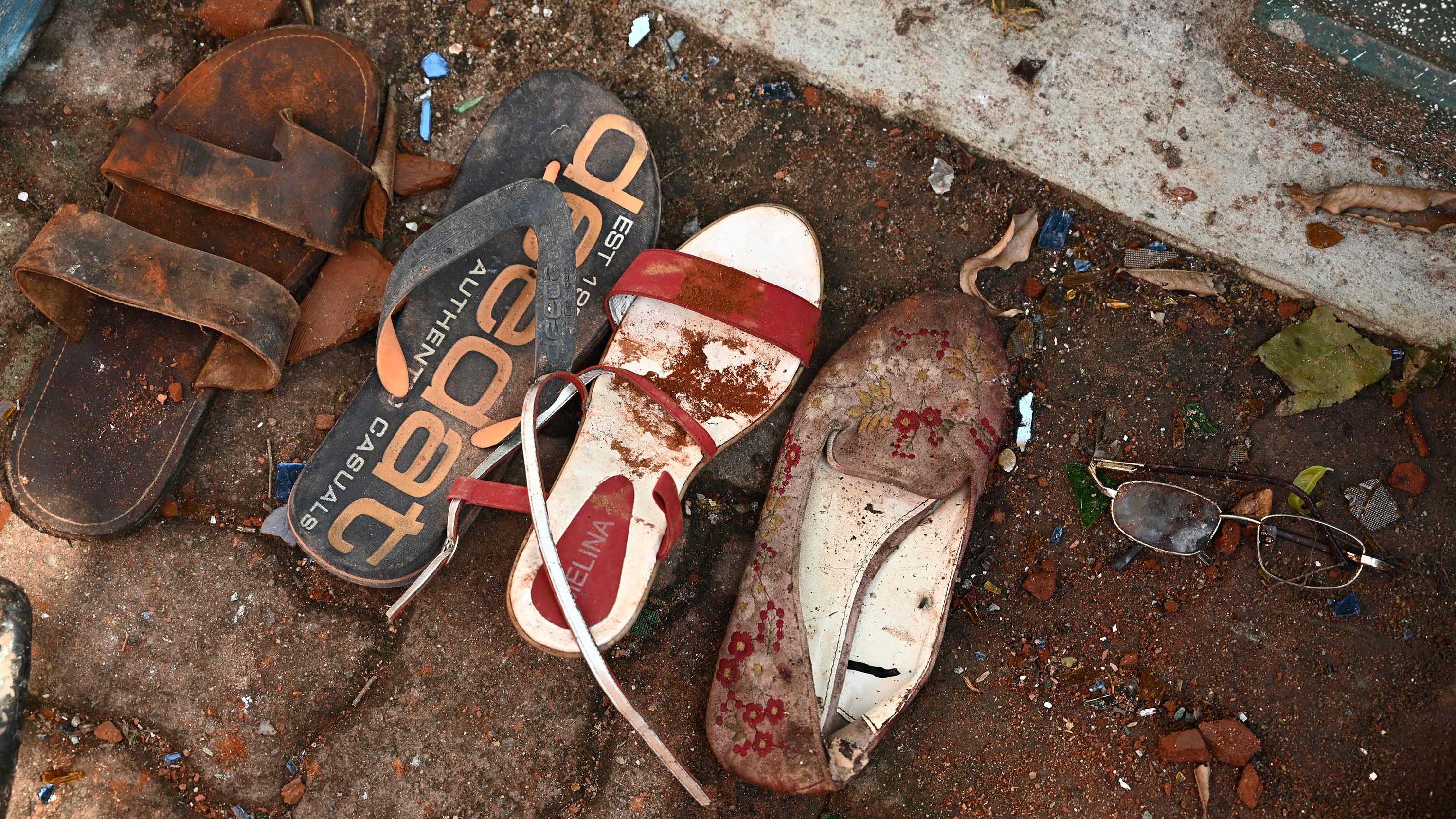 Shoes and belongings of victims are collected as evidence at St. Sebastian's Church in Negombo on April 22.