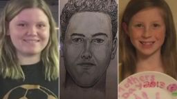 Libby German, left, suspect sketch, center, and Abby Williams, right.