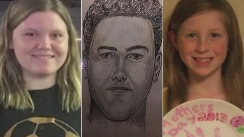 Libby German, left, suspect sketch, center, and Abby Williams, right.