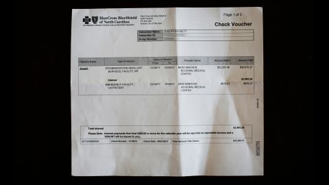A check voucher for Joseph Hockett. In August 2017, he received a massive insurance check for more than $30,000. Image altered to blur personal details.