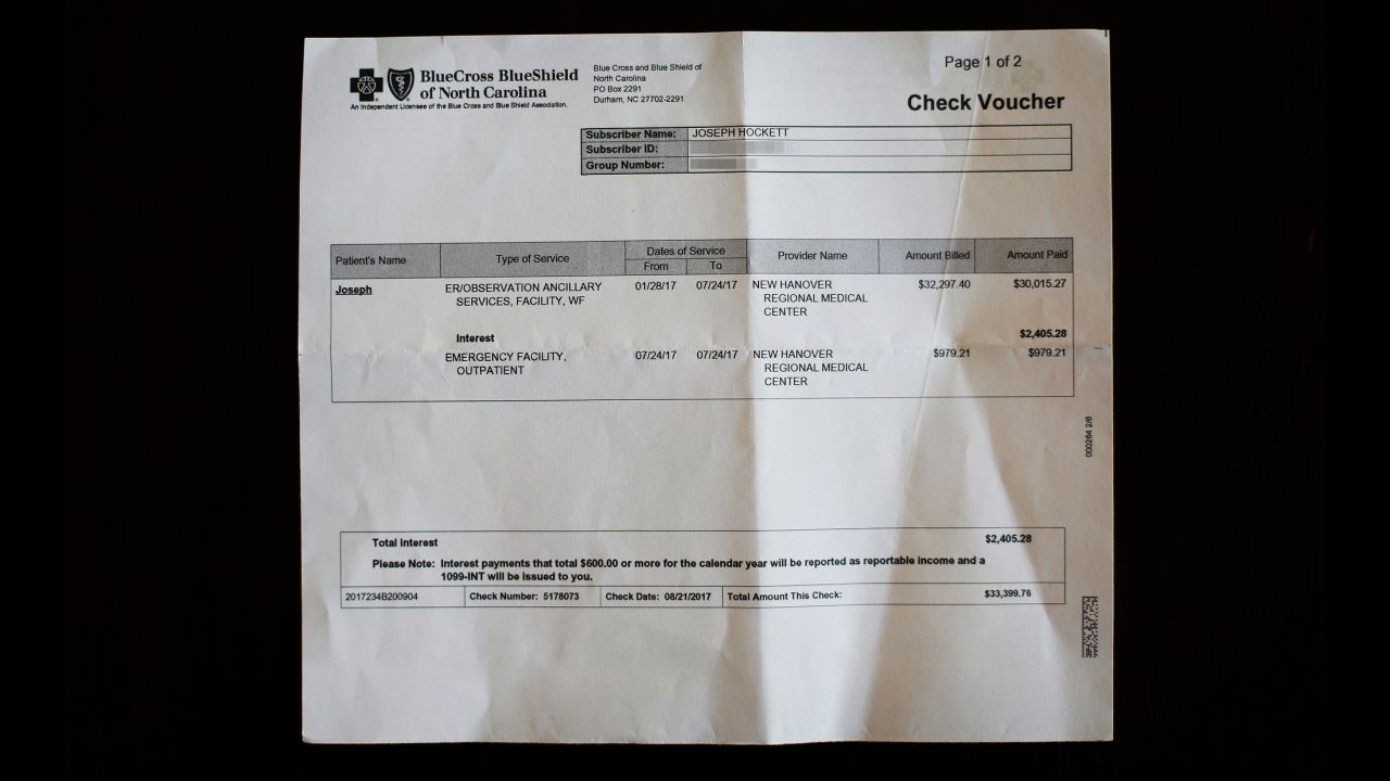 A check voucher for Joseph Hockett. In August 2017, he received a massive insurance check for more than $30,000. Image altered to blur personal details.