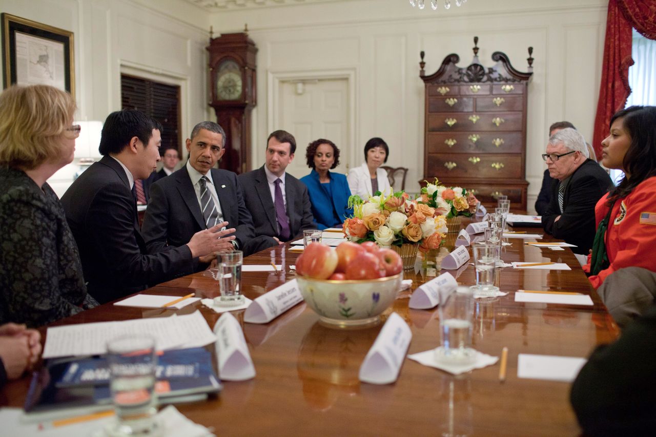 Obama meets with Yang and other Champions of Change at the White House. In 2015, Obama named Yang an ambassador for global entrepreneurship.