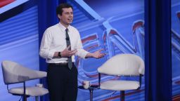 South Bend Mayor and Democratic presidential hopeful Pete Buttigieg is seen during a live CNN Town Hall moderated by Anderson Cooper at Saint Anselm College on Monday, April 22, 2019, in Manchester, N.H. Elijah Nouvelage for CNN