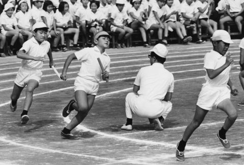 Naruhito runs a relay race at his school in Tokyo in 1970.