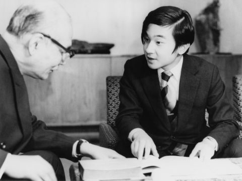 Tomohide Gomi, honorary professor of Tokyo University, teaches Naruhito about the "Manyoshu" poetry anthology in 1977. Naruhito studied at Oxford University in England. He earned a degree from Gakushuin University in Tokyo.