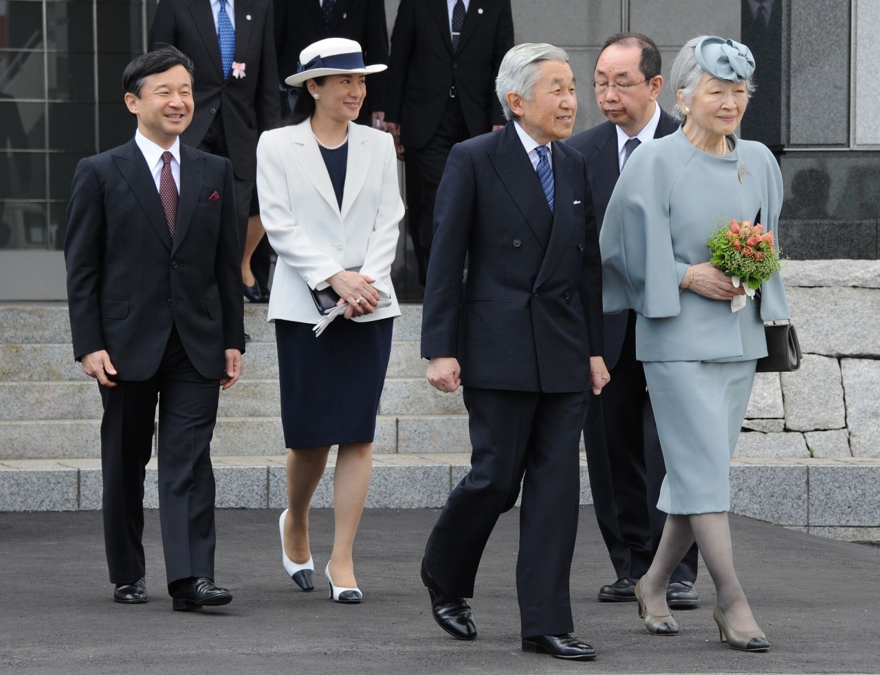 Naruhito and Masako trail Emperor Akihito and Empress Michiko as they leave for Great Britain in 2012. They were going to attend a ceremony for Queen Elizabeth II's diamond jubilee.
