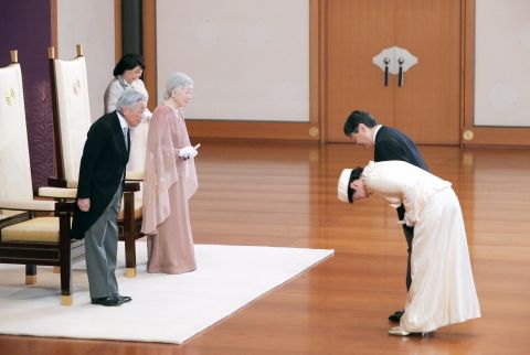 Naruhito and Masako are greeted by Emperor Akihito and Empress Michiko, who were celebrating their 60th wedding anniversary in April 2019.