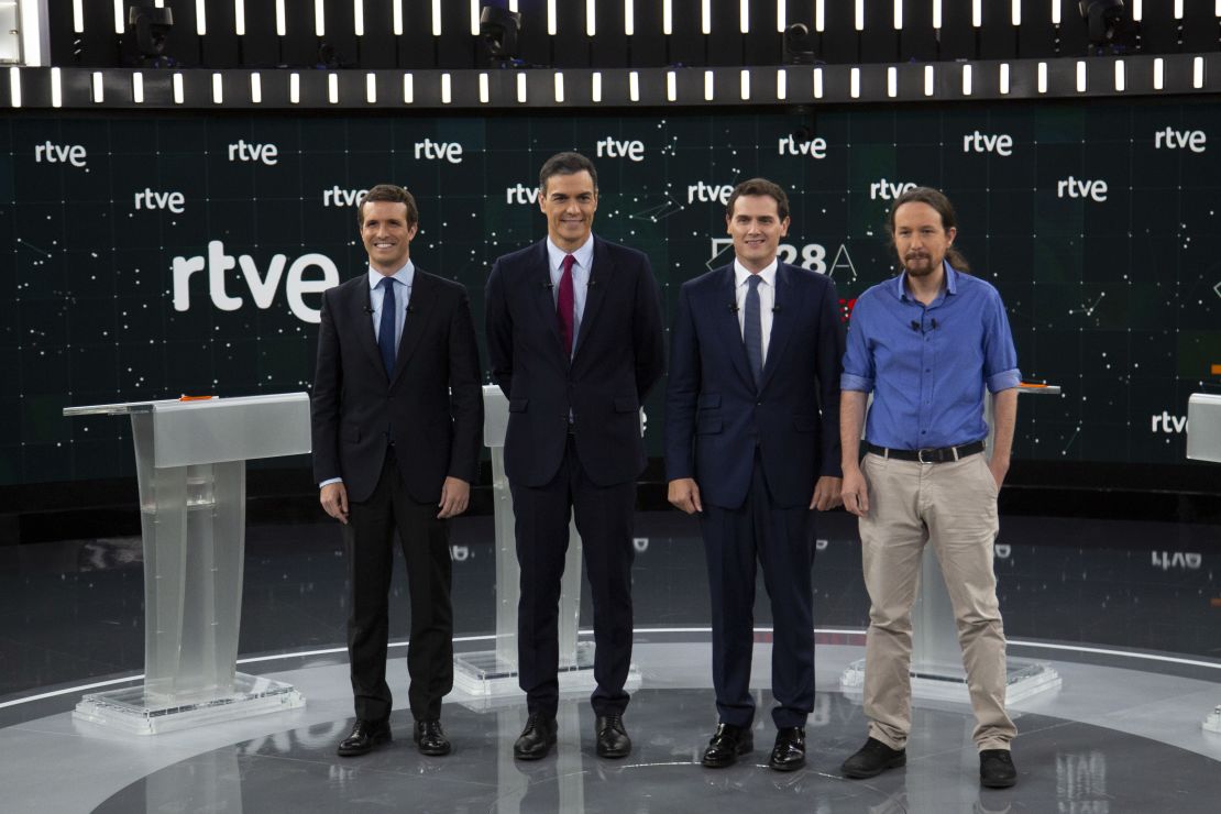 Four candidates have taken part in TV debates. From left to right, PP leader Pablo Casado, PSOE Prime Minister Pedro Sanchez, Ciudadanos leader Albert Rivera and Unidas Podemos leader Pablo Iglesias.