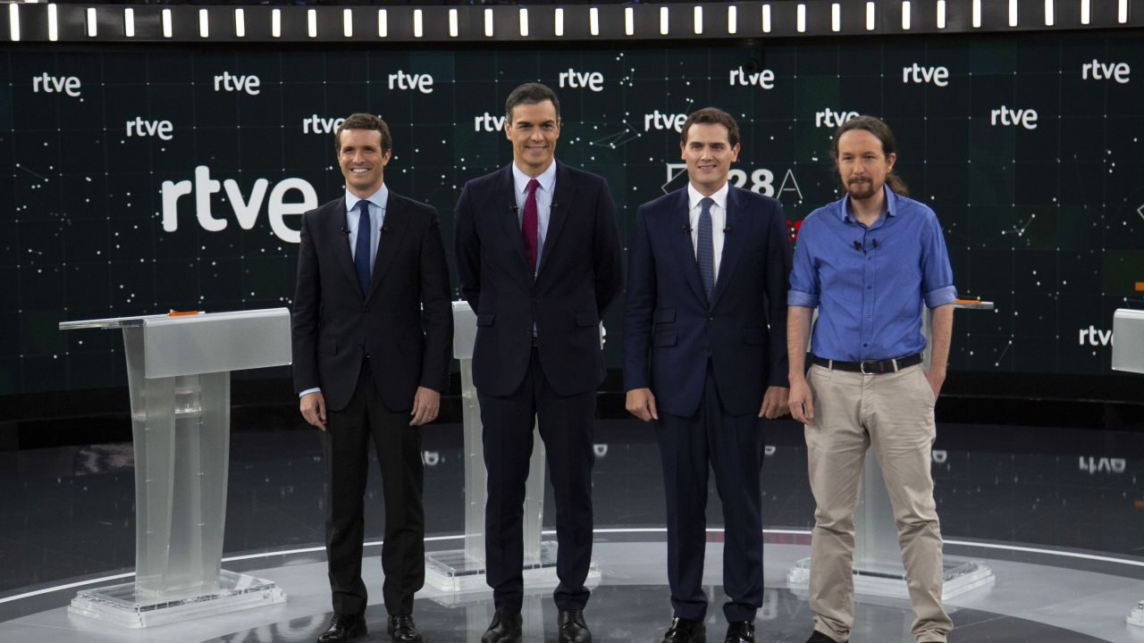 Four candidates have taken part in TV debates. From left to right, PP leader Pablo Casado, PSOE Prime Minister Pedro Sanchez, Ciudadanos leader Albert Rivera and Unidas Podemos leader Pablo Iglesias.