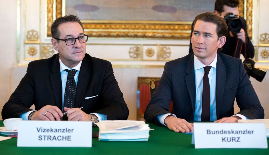Sebastian Kurz (R) governs in a coalition with the far-right party of Heinz-Christian Strache (L), who quit as Vice Chancellor over the scandal.