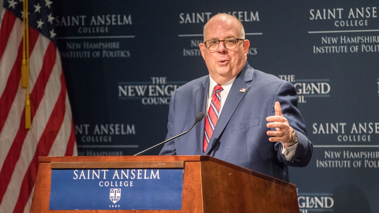 Maryland Governor Larry Hogan speaks at the New Hampshire Institute of Politics  April 23, 2019 in Manchester, New Hampshire. 
