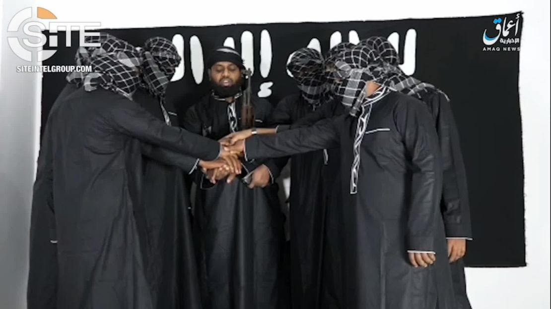 An image from the video released by ISIS, showing eight men purported to be the Sri Lankan attackers pledging allegiance to the terror group. 
