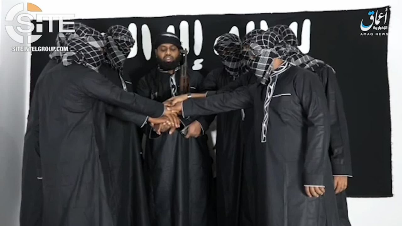 An image from the video released by ISIS, showing eight men purported to be the Sri Lankan attackers pledging allegiance to the terror group. 