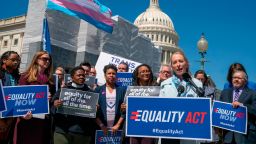 Rep. Mary Gay Scanlon, D-Pa., vice-chair of the House Judiciary Committee, joins advocates for the The Equality Act, a comprehensive nondiscrimination bill for LGBT rights, on Capitol Hill, in Washington, Monday, April 1, 2019. (AP Photo/J. Scott Applewhite)