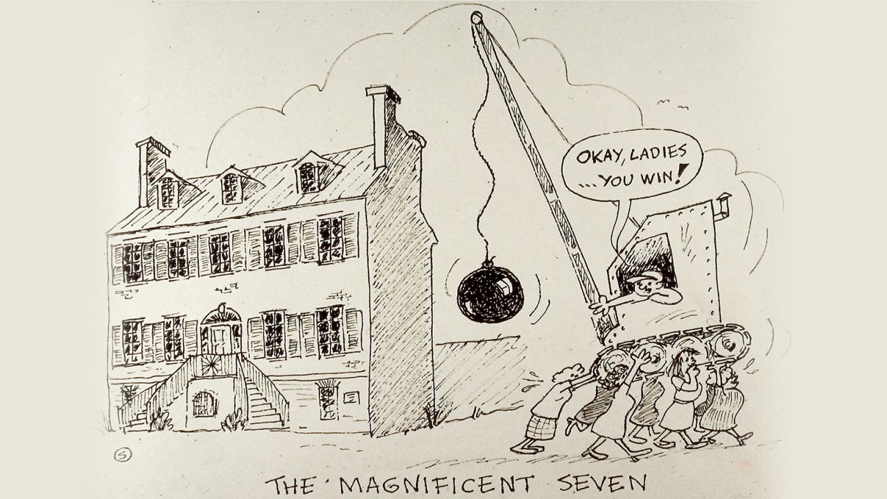 A cartoon from the 1950s  referencing the HSF's efforts to save historic buildings.
